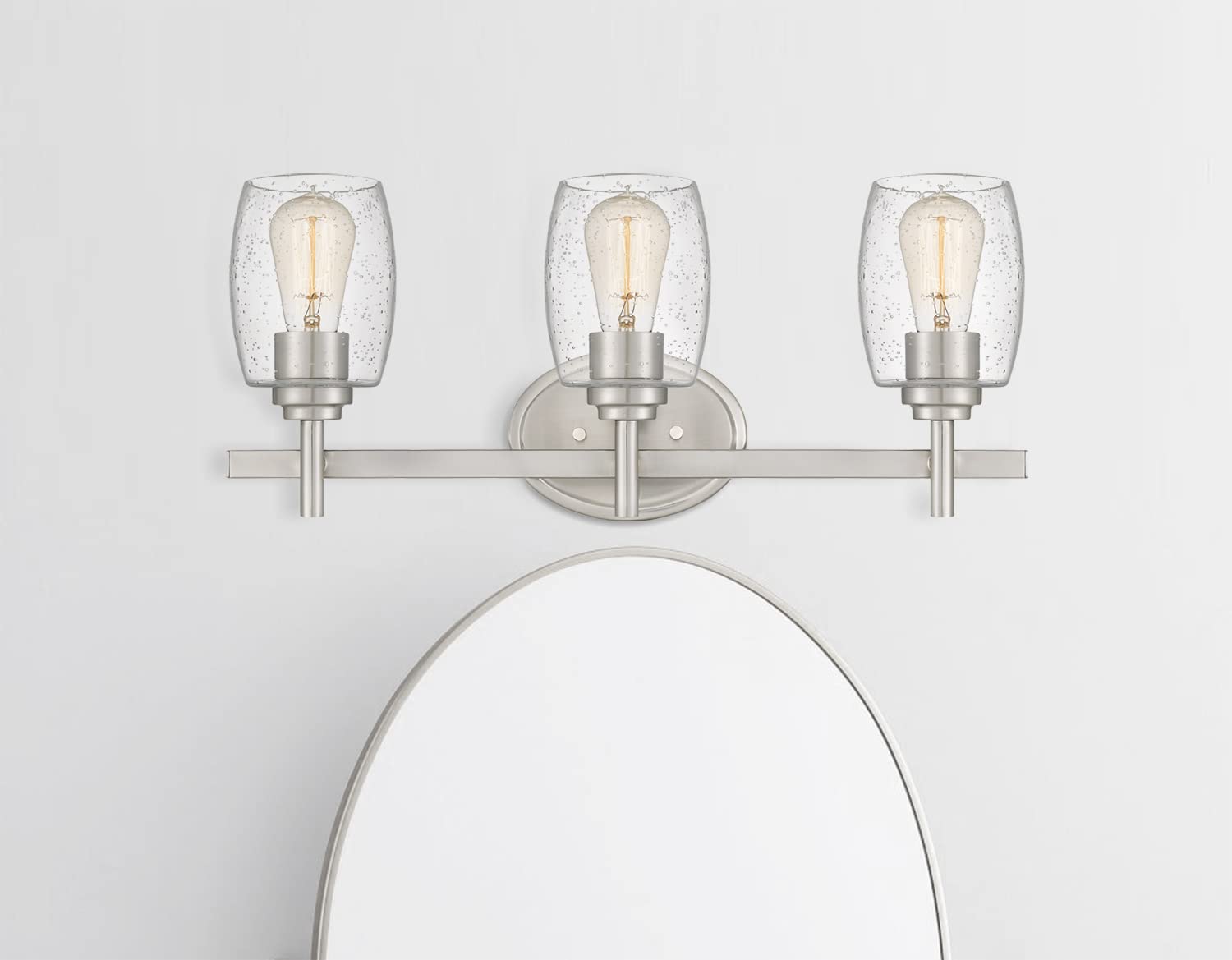 Farmhouse 3-Light Vanity Light Industrial Wall Sconce Lighting with Seeded Glass Shade in Brushed Finish for Bathroom, Hallway, Kitchen, Mirror, Laundry Room