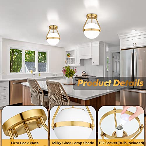 Lakumu Globe Semi Flush Mount Ceiling Light, Mid Century Ceiling Lamp with Milky White Glass Shade, Industrial Brushed Gold Ceiling Light for Living Room Hallway Kitchen Island Dining Room(Bulb Incl.)