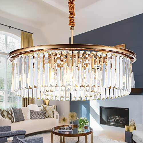 23" 8-Light Modern Crystal Chandelier Light Fixtures 2 Rings Gold Luxury Chandeliers for Dining Room Round Hanging Pendant Lighting for Living Room Kitchen Entryway Bedroom