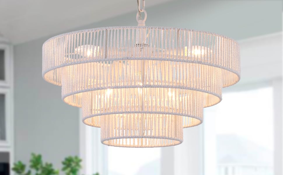 6-Lights Hand-Woven Rattan Pendant Light 4 Round Transitional Minimalist Boho Large Pendant Light for Kitchen Island Dining Room Living Room Hallway, Dia 20 Inch, UL Listed