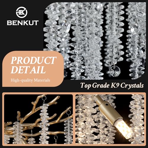 Modern Tree Branch Crystal Chandelier Luxury Gold Raindrop Pendant Lighting 23.6" Contemporary 8-Light Chandeliers for Dining Room Kitchen Bedroom Living Room