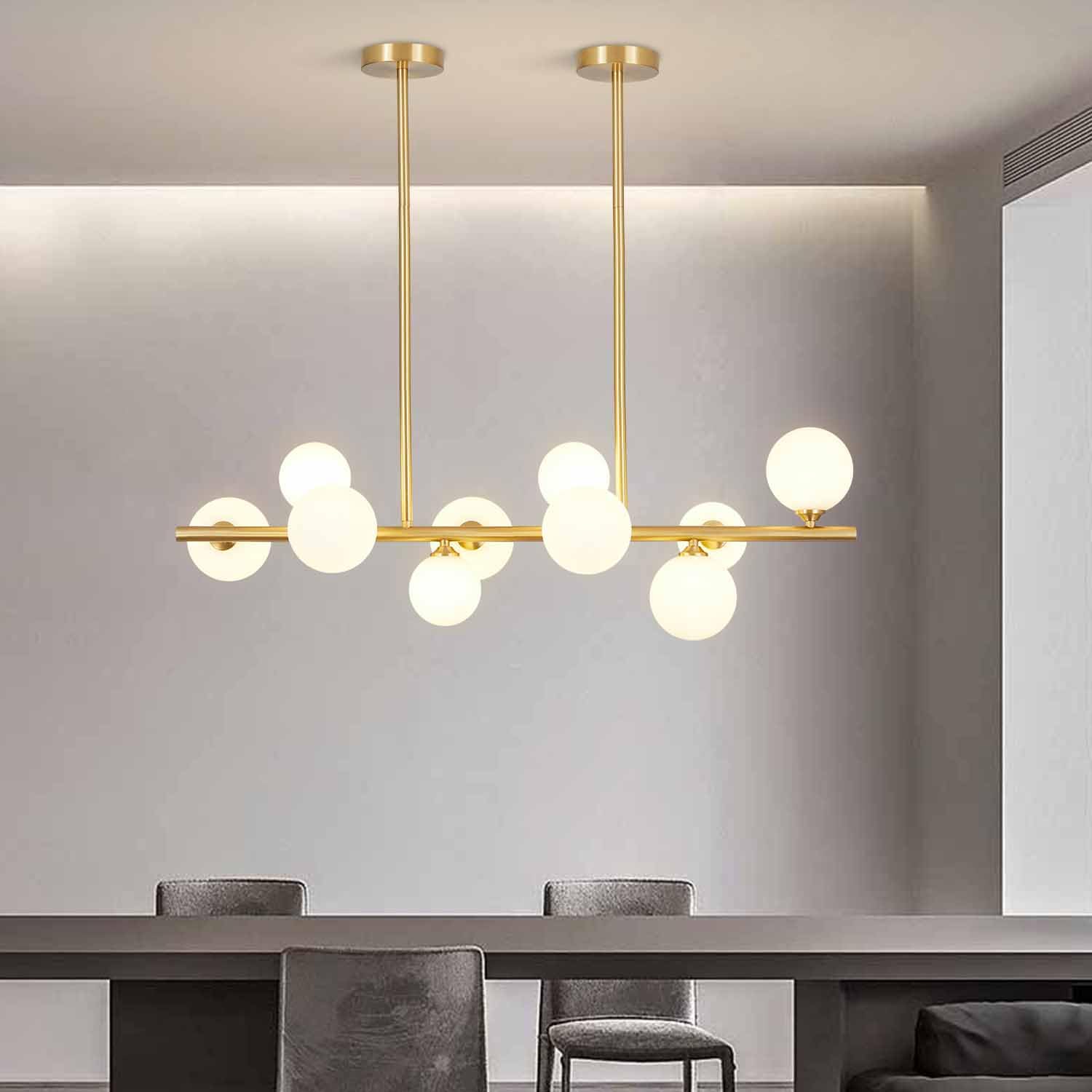 BOKT Modern Gold Chandelier 7-Lights Frosted Glass Globe Pendant Light Kitchen Island Linear Hanging Lighting Fixtures for Living Room Bedroom Dining Room Corridor