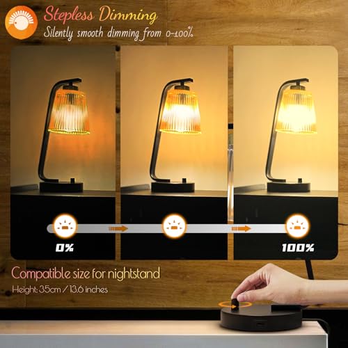 Bedside Table Lamps Set of 2, Amber Glass Lamps for Bedroom with USB Port, Vintage Brown Industrial Dimmable Farmhouse for Nightstand Living Room, 2×LED Bulbs Included