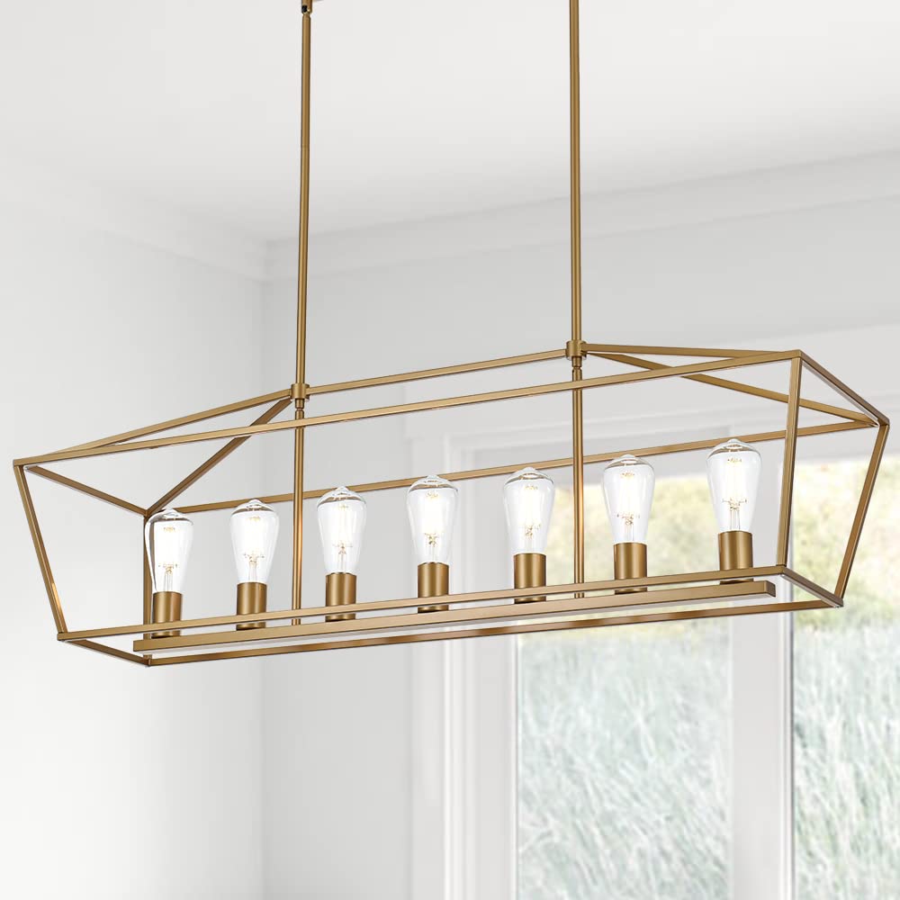 5 Light Modern Kitchen Island Light in Gold Finish,Industrial Hanging Pendant Lighting Fixture with Metal Frame Linear Lantern Chandelier for Dining Room Foyer Cafe Bar