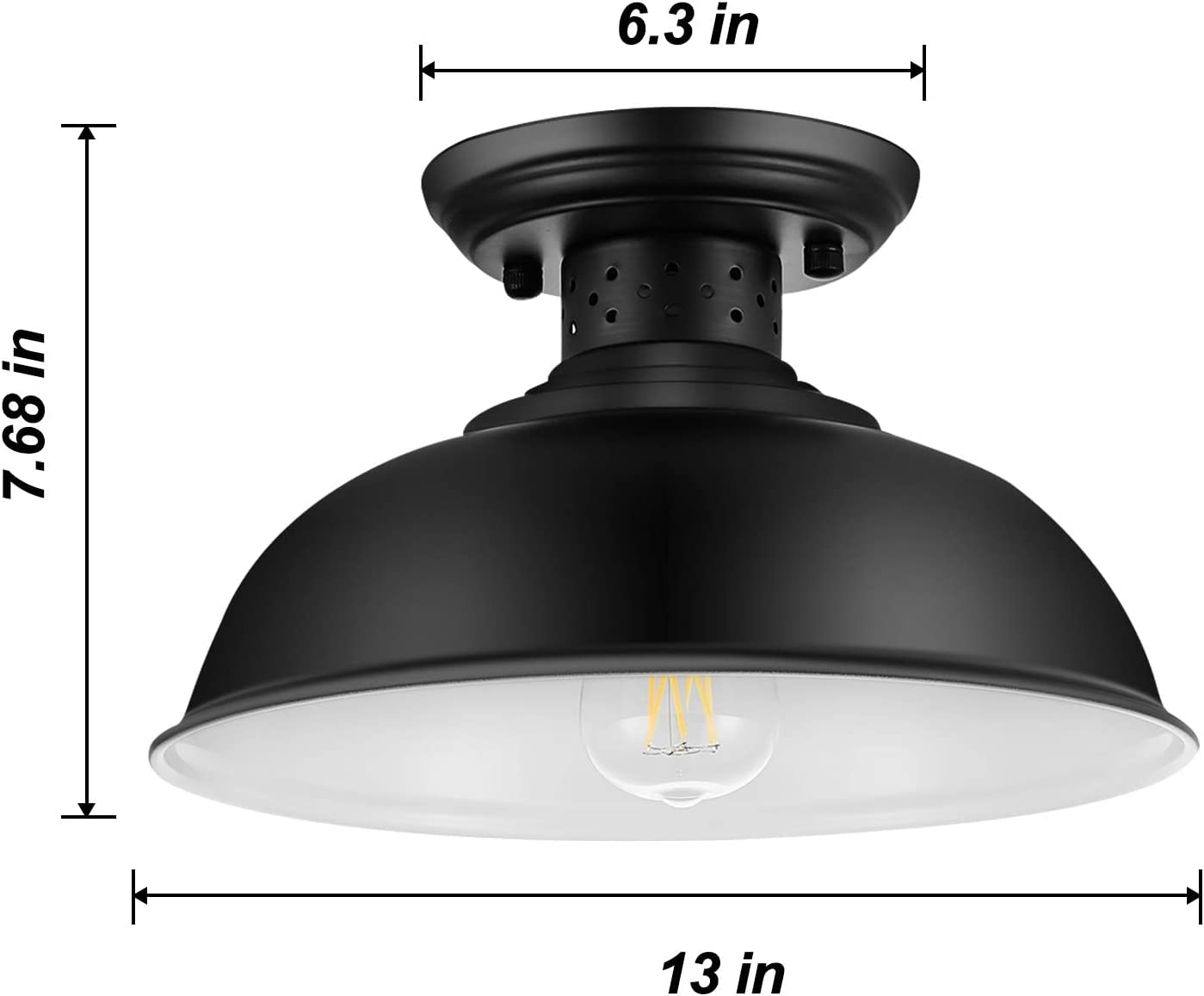 Industrial Semi Flush Mount Ceiling Light, Matte Black Farmhouse Light Fixture for Kitchen Island Dining Room Foyer Hallway Porch Barn Loft, Black, 13in