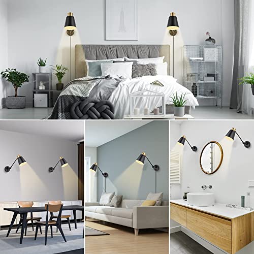 Dimmable Wall Lamp with Plug in Cord, ENCOMLI Plug in Wall Sconces Set of Two, Swing Arm Sconces Wall Lighting with On Off Switch, Metal Black Brass Industrial Wall Sconce Plug in Wall Light, E26 Base