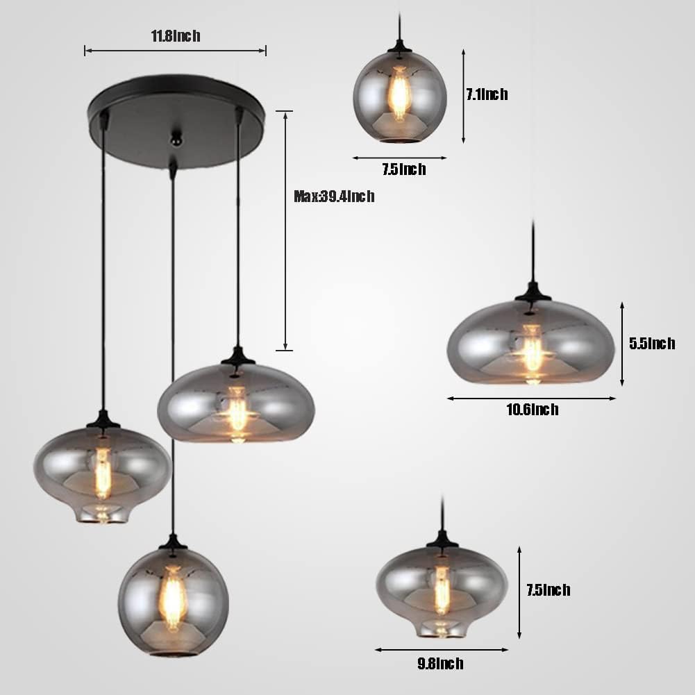 Modern 3 Lights Glass Pendant Light Smoky Gray Glass Globe Cluster Chandelier Lighting Fixtures Black Adjustable Kitchen Island Hanging Pendant Lighting Nordic Multi Lights Pendant Lamp