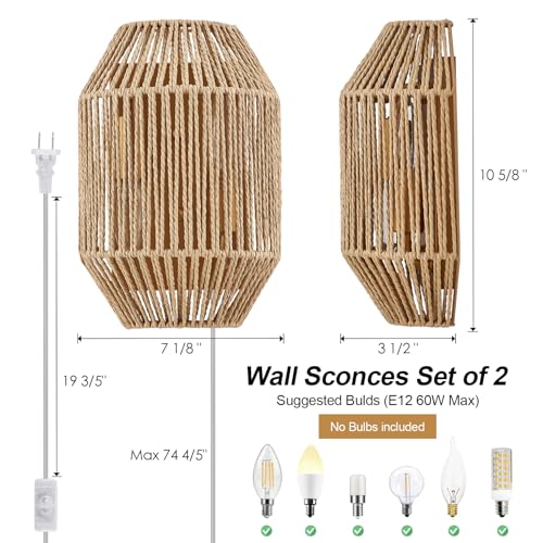 Natural Rattan Wall Sconce Set of 2, with Boho Woven Wicker Shade Antique Brass Brush Paint Finish for Vanity Stairway Fireplace Living Room Bedside Passway Hallway