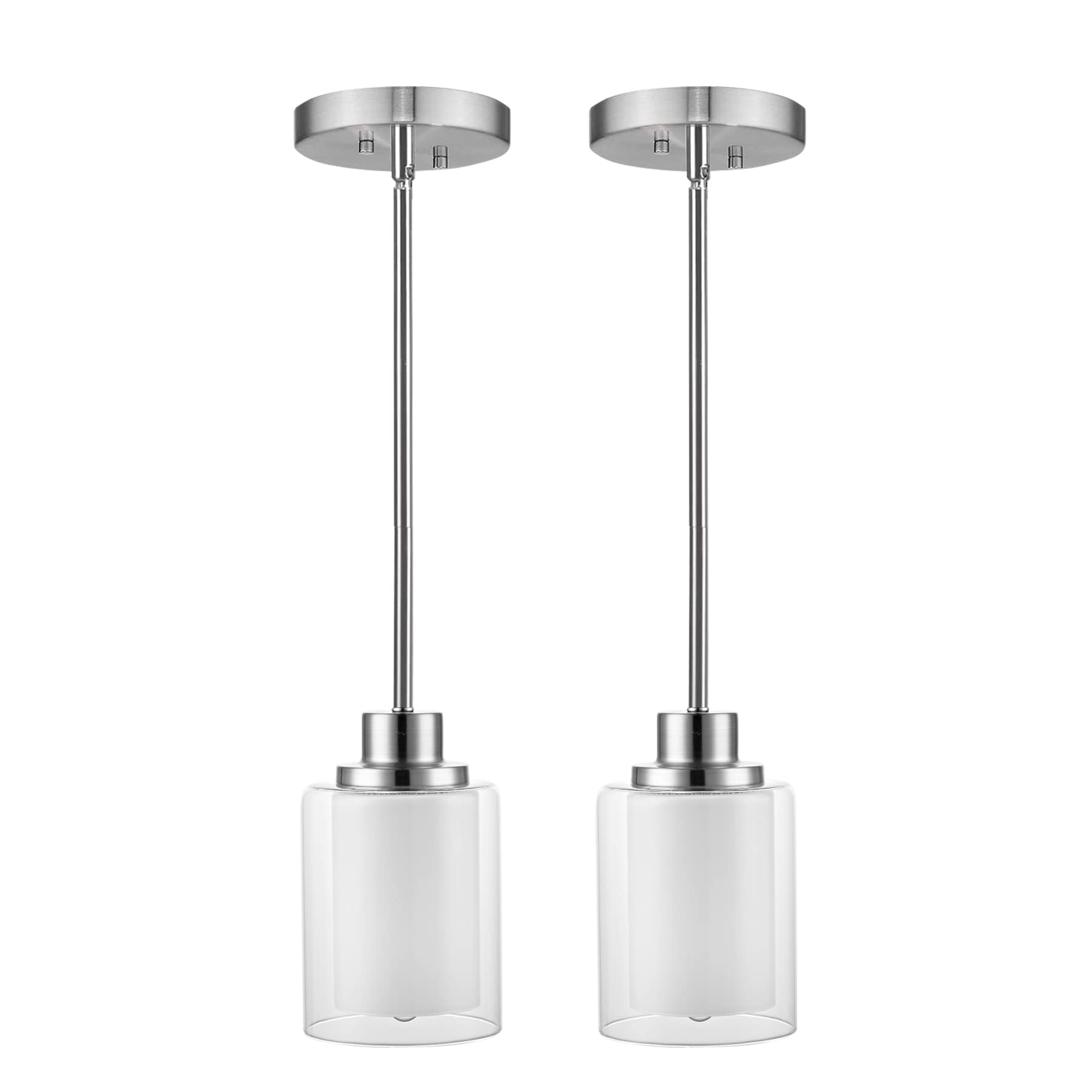 1-Light Mini Pendant Light Fixtures, 2-Pack Modern Hanging Ceiling Light, Adjustable Height, Brushed Nickel Pendant Lighting with Dual Glass for Kitchen Island Bedroom Hallway