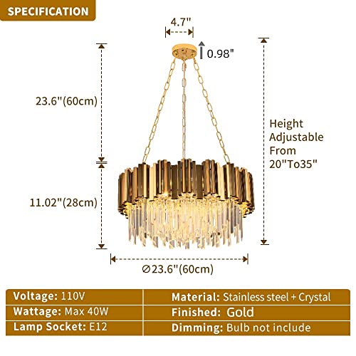 Modern K9 Crystal Pendant Lighting, Round Gold Crystal Chandelier Contemporary Luxury Pendant Ceiling Lighting Fixture for Dining Living Room Kitchen Island, Antique Gold