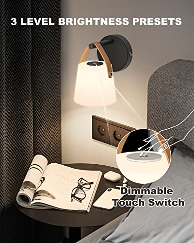 Battery Operated Wall Sconce with Glass Shade - 3000K Warm White & 3 Brightness Setting - 4000 mAh Rechargeable Battery - Not Hardwired Needed - Wall Accent Night Light for Bedroom - Black