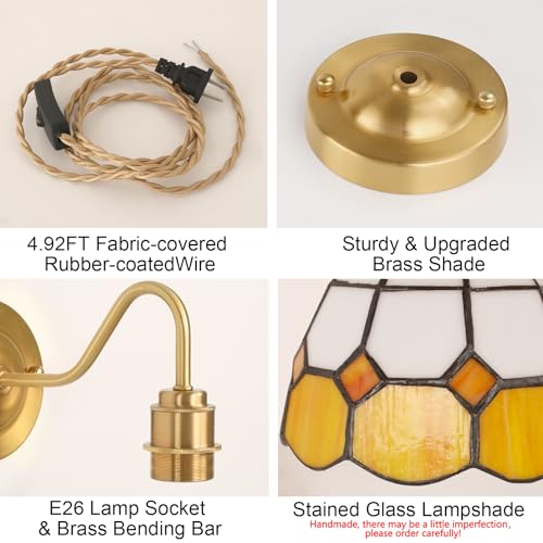 Wall Sconce, Wall Mounted Lamps with Green Checker Sconce, Stained Glass Shade Brass Wall Lights Fixture with Plug in Cord and Switch for Bedroom Bathroom Living Room Hallway