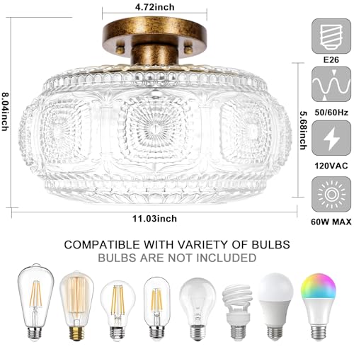 Semi Flush Mount Ceiling Light, Globe Glass Ceiling Light Fixture, Gold Modern Lighting for Hallway Porch Corridor Kitchen Bedroom, Bulb Not Included