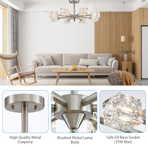 XINGQI Gold Chandelier Sputnik 8-Light Modern Farmhouse Glass Light Fixtures Rectangle Linear Chandelier for Dining Room Living Room Bedroom Kitchen Island