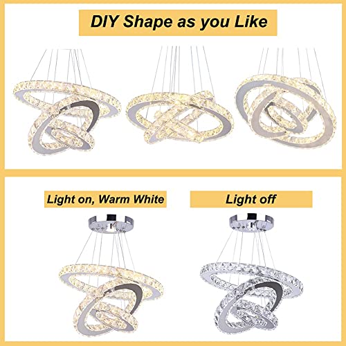 Modern LED Chandeliers Crystal Chandelier 3 Ring Round Pendant Lighting Adjustable Stainless Steel Ceiling Light Fixture for Living Room Dining Room Bedroom