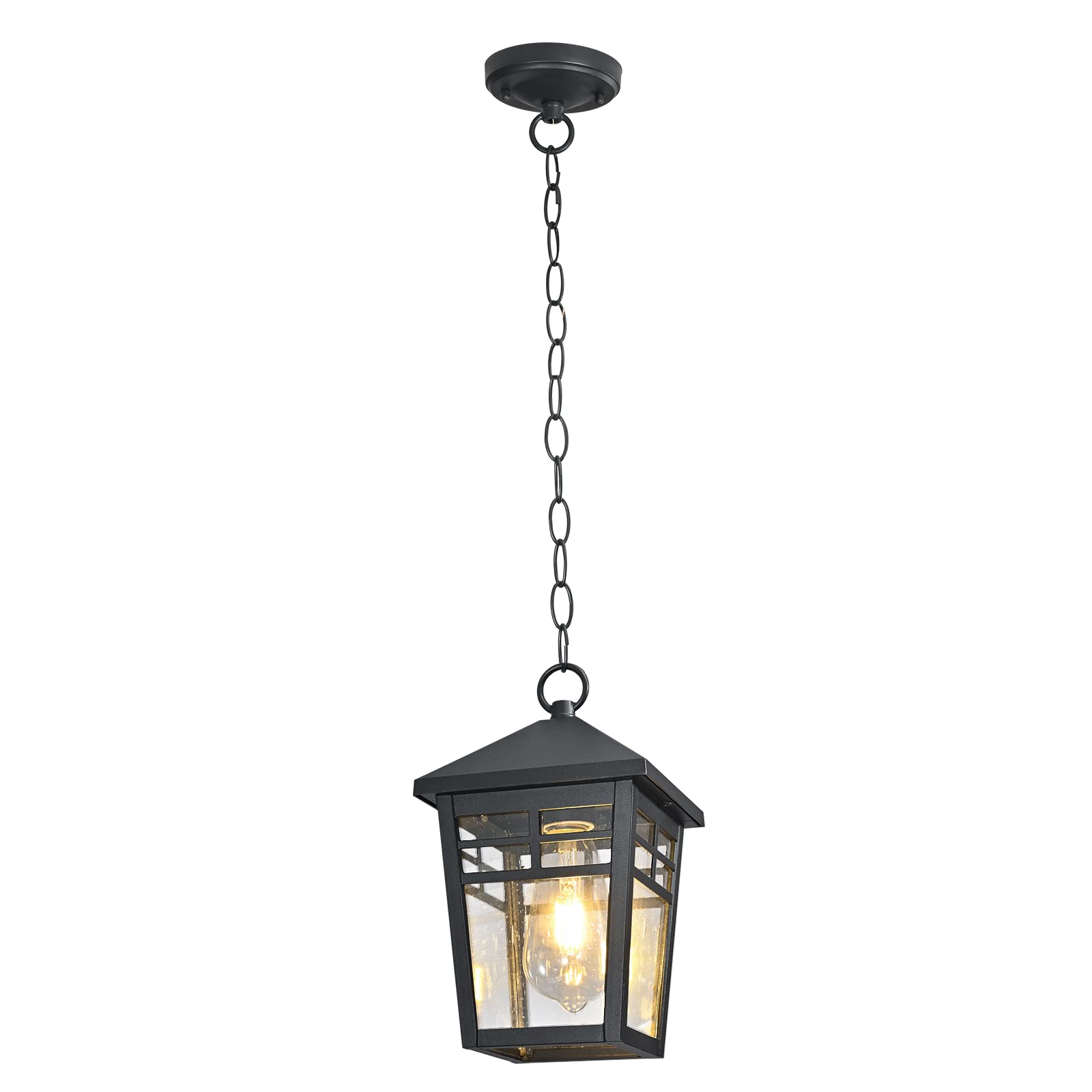 Outdoor Pendant Light Fixture, White Outdoor Hanging Porch Light Waterproof, Exterior Hanging Lantern with Seeded Glass and Adjustable Chain for Porch Entryway Doorway