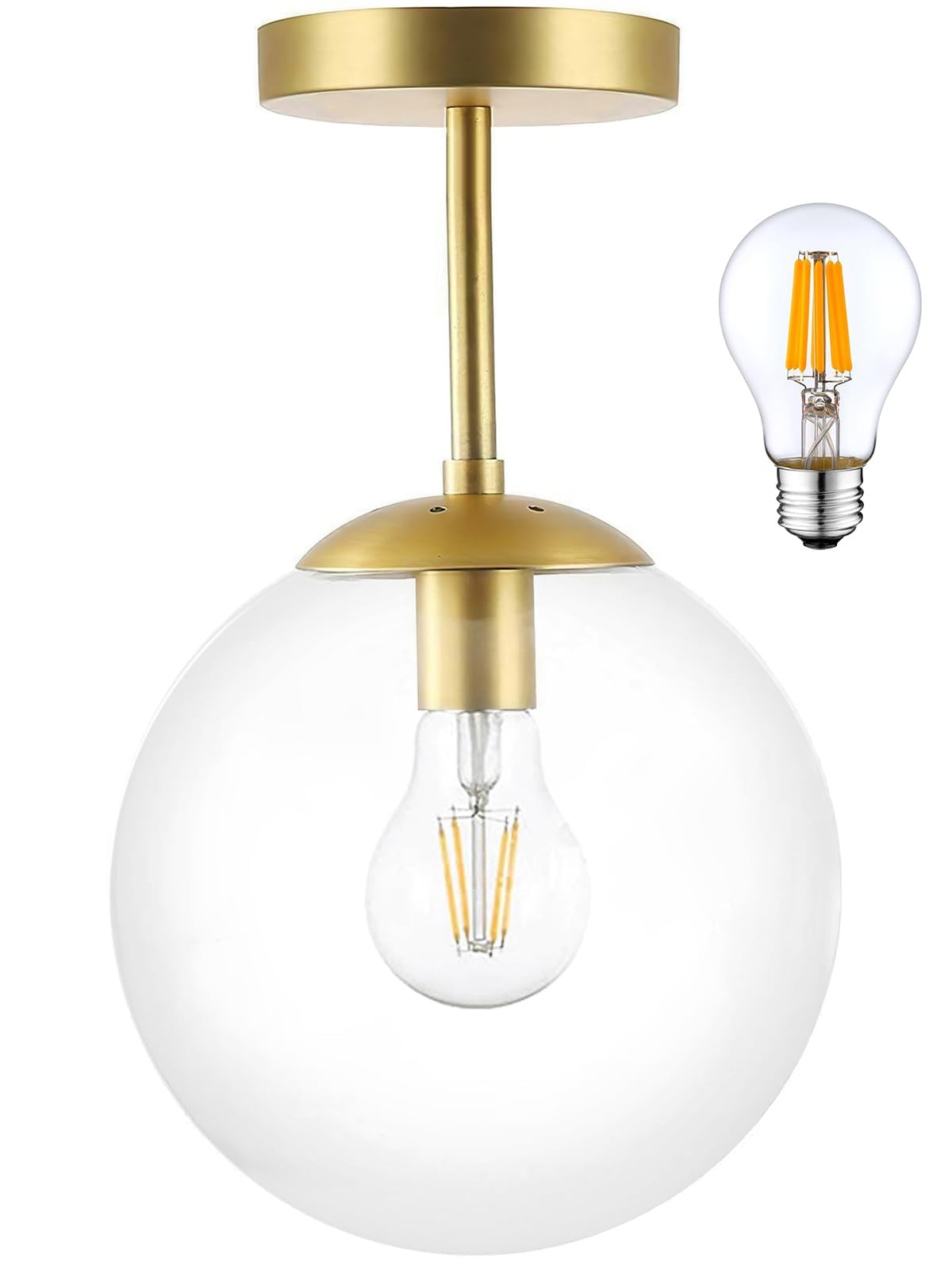 KoKo&Yukina 3-Light Semi Flush Mount Ceiling Light Globe Ceiling Light Mid Century Ceiling Light with Opal Milk Glass Globe & Brushed Brass for Bedroom Hallway Entryway Kitchen Living Room-Bulb Incl