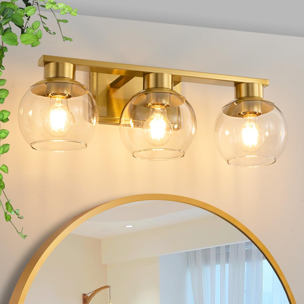 2 Light Black and Gold Vanity Lights for Bathroom Light Fixtures Over Mirror 13.7 in Clear Glass Shade Industrial Wall Sconce