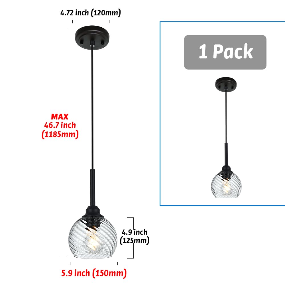 3 Light Island Lights for Kitchen with Striped Swirl Globe Glass, Black Linear Hanging Pendant Light Fixture Farmhouse Chandelier for Dining Room Bar Living Room