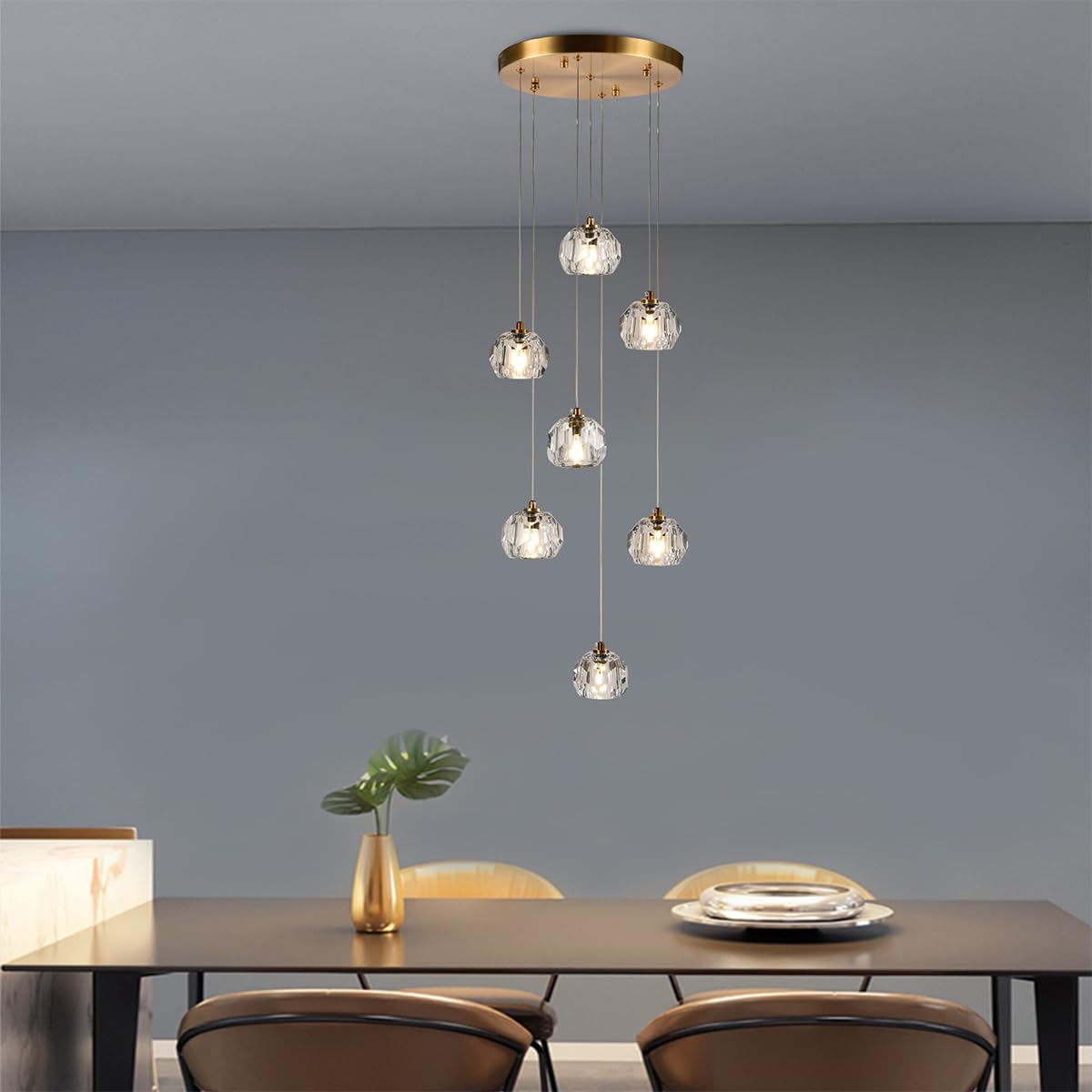 3-Light Cut Pendant Light Fixtures, 9W Brass Ceiling Pendant Lighting, Clear Prism Crystal Hanging Lamps LED Lights for Kitchen Island Dining Room