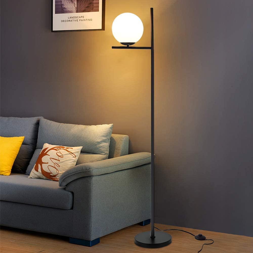 Modern LED Sphere Floor Lamp-9W Frosted Glass Globe Standing Lamps for bedroom, Energy Saving Mid Century Tall Pole Standing Accent lighting for Living Room, Office, Bedroom, Black