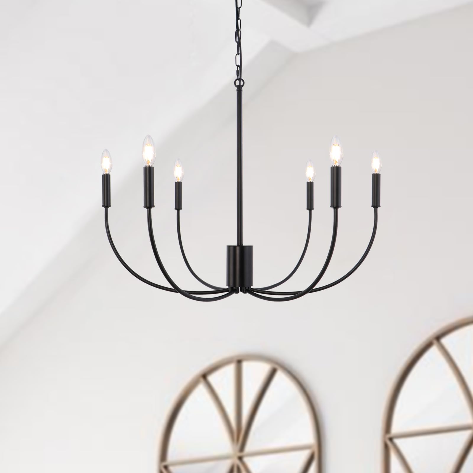 Black Chandelier, 6-Light Modern Farmhouse Chandeliers for Dining Room Light Fixture, 24" Small Rustic Industrial Metal Pendant Light Fixtures for Kitchen Island Bedroom Living Room