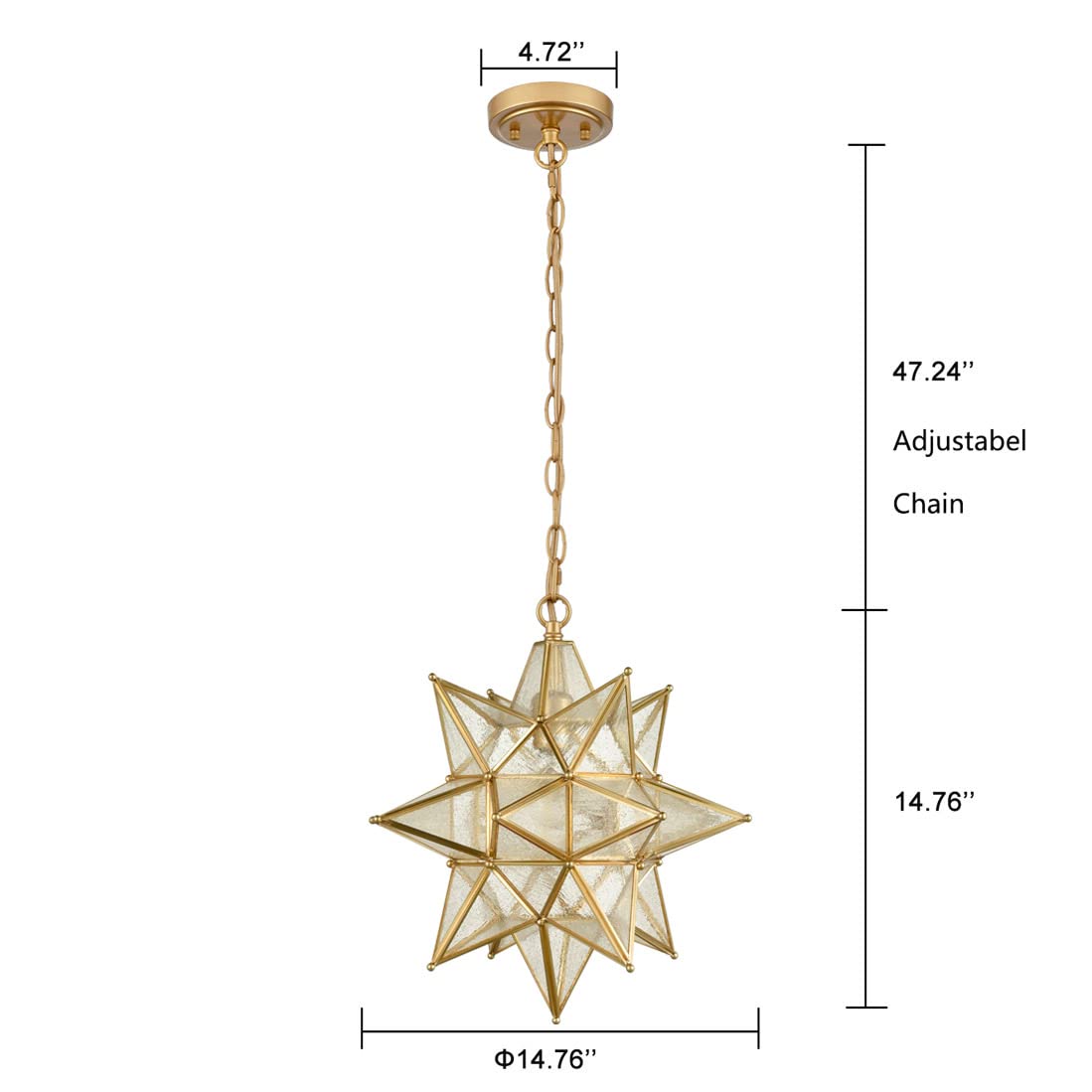 Moravian Star Pendant Light 20-Inch Large Hanging Ceiling Light Modern Gold Finish with Seeded Glass Adjustable Chain