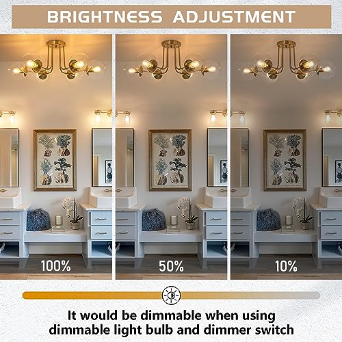 KoKo&Yukina 3-Light Semi Flush Mount Ceiling Light Globe Ceiling Light Mid Century Ceiling Light with Opal Milk Glass Globe & Brushed Brass for Bedroom Hallway Entryway Kitchen Living Room-Bulb Incl