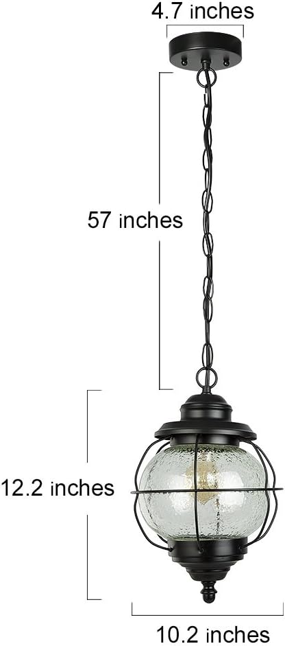 Outdoor Pendant Lights, Farmhouse Ceiling Hanging Porch Fixture in Black Metal with Clear Bubbled Glass Globe in Iron Cage Frame, Exterior Lantern for Gazebo, Entryway, Patio