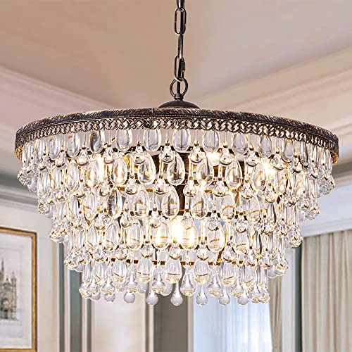 Crystal Chandelier, 6-Light 5 Tiers Farmhouse Bronze Ceiling Lighting Fixture, Modern Foyer Dining Room Chandeliers for Bedroom, Hallway, Bar, Kitchen, W20-inch