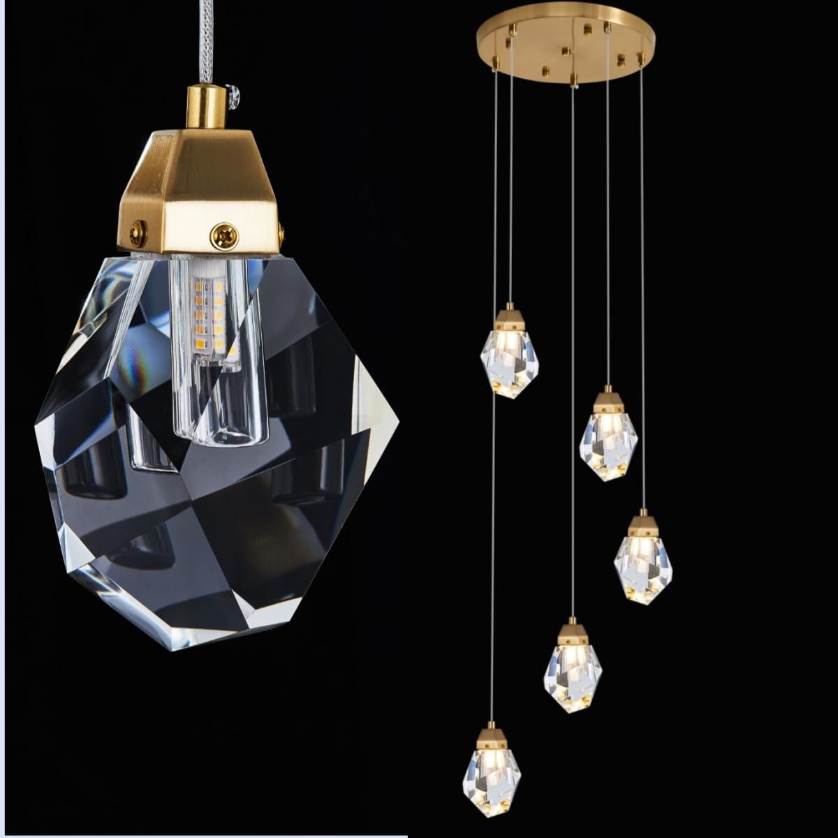 3 Lights Crystal Pendant Light Modern Cluster Chandelier - Dimmable LED Pendant Light Fixture with Brass Teardrop Design - Stylish Lighting for Kitchen Island, Dining Room, Hallway, Bathroom