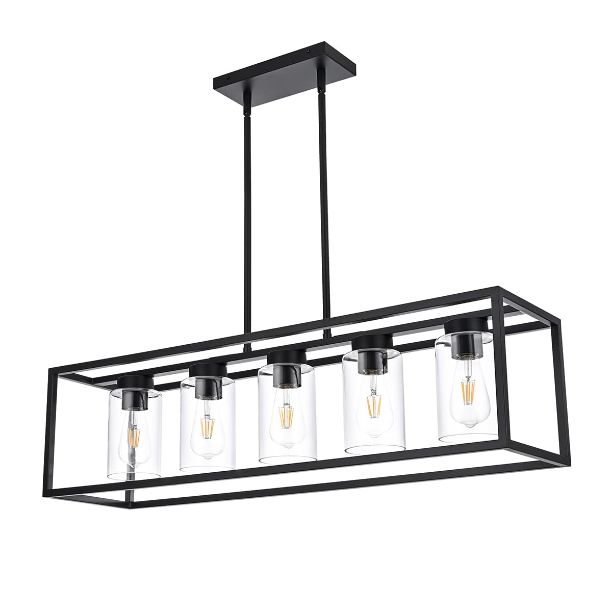 Farmhouse Chandelier for Kitchen Island, Matte Black 5-Light Dining Room Lighting Fixtures, Modern Rectangular Pendant Lighting Chandelier with Clear Glass Shade