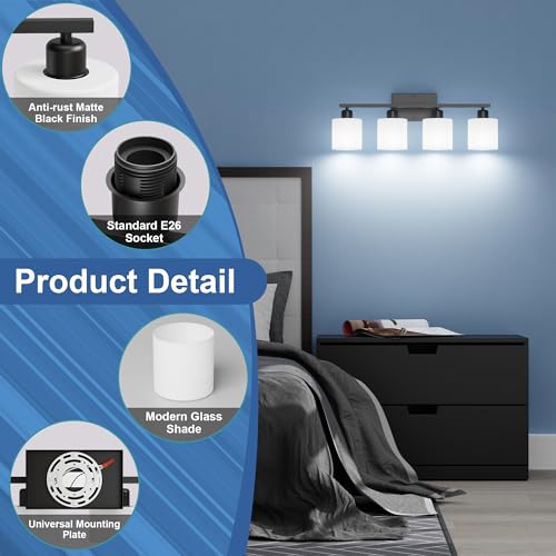 Black Bathroom Light Fixtures Over Mirror, Rustproof Vanity Lights for Bathroom, Modern 3-Light Wall Sconces for Living Room, Milky White Glass Shades, Standard E26 Base, Bulbs Not Included