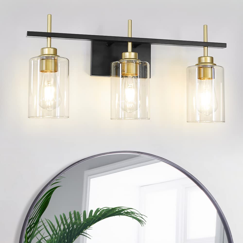 Black and Gold Wall Sconces Set of Two, Bathroom Sconce Wall Lighting Set of 2,Modern Glass Bathroom Wall Light, Wall Mounted Light for Bedroom Living Room Hallway