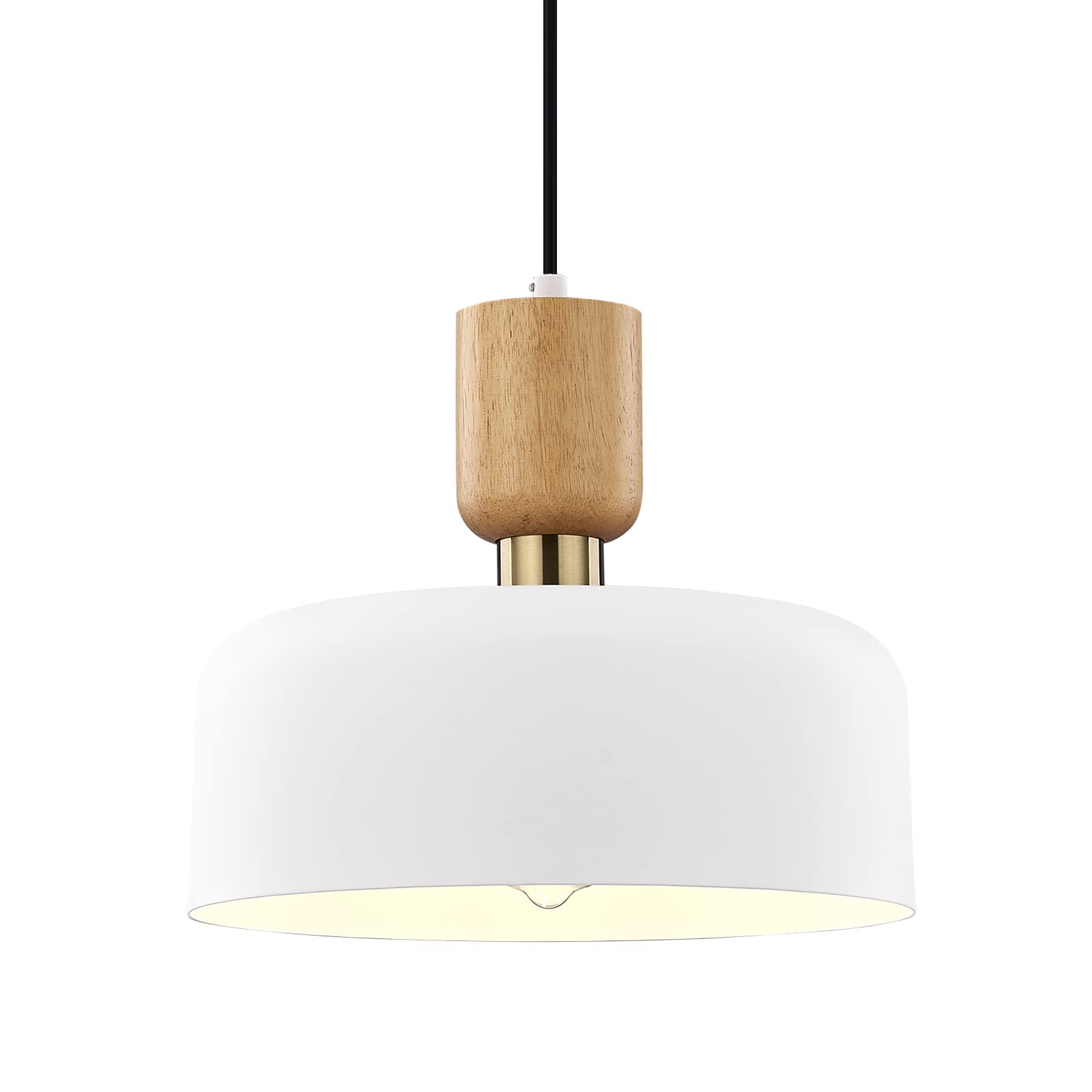 Modern Pendant Lighting,12 inch,Natural Wood and Brass Accent,Adjustable Cord Pendant Light Fixture for Kitchen, Dining Room, Matte White