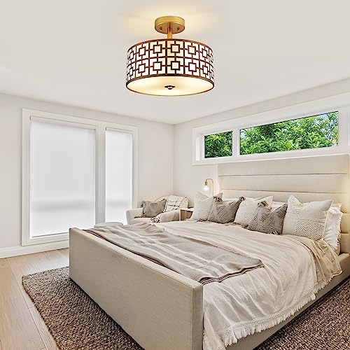 DLLT Flush Mount Ceiling Light: Modern Semi Flush Chandelier Lamp Brushed Chrome Finish - Drum Light Fixture for Bedroom Hallway Kitchen - 3-Light Silver Ceiling Fixture with Double Shade