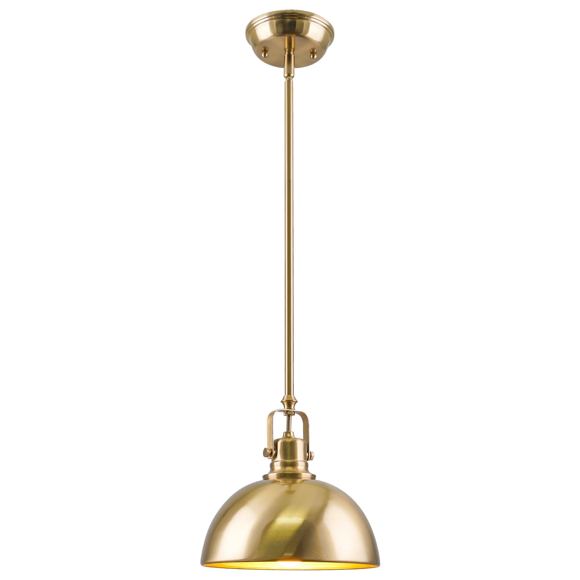 9" Contemporary Industrial Pendant Light, Adjustable Length + Shade Swivel Joint, Brushed Brass Finish