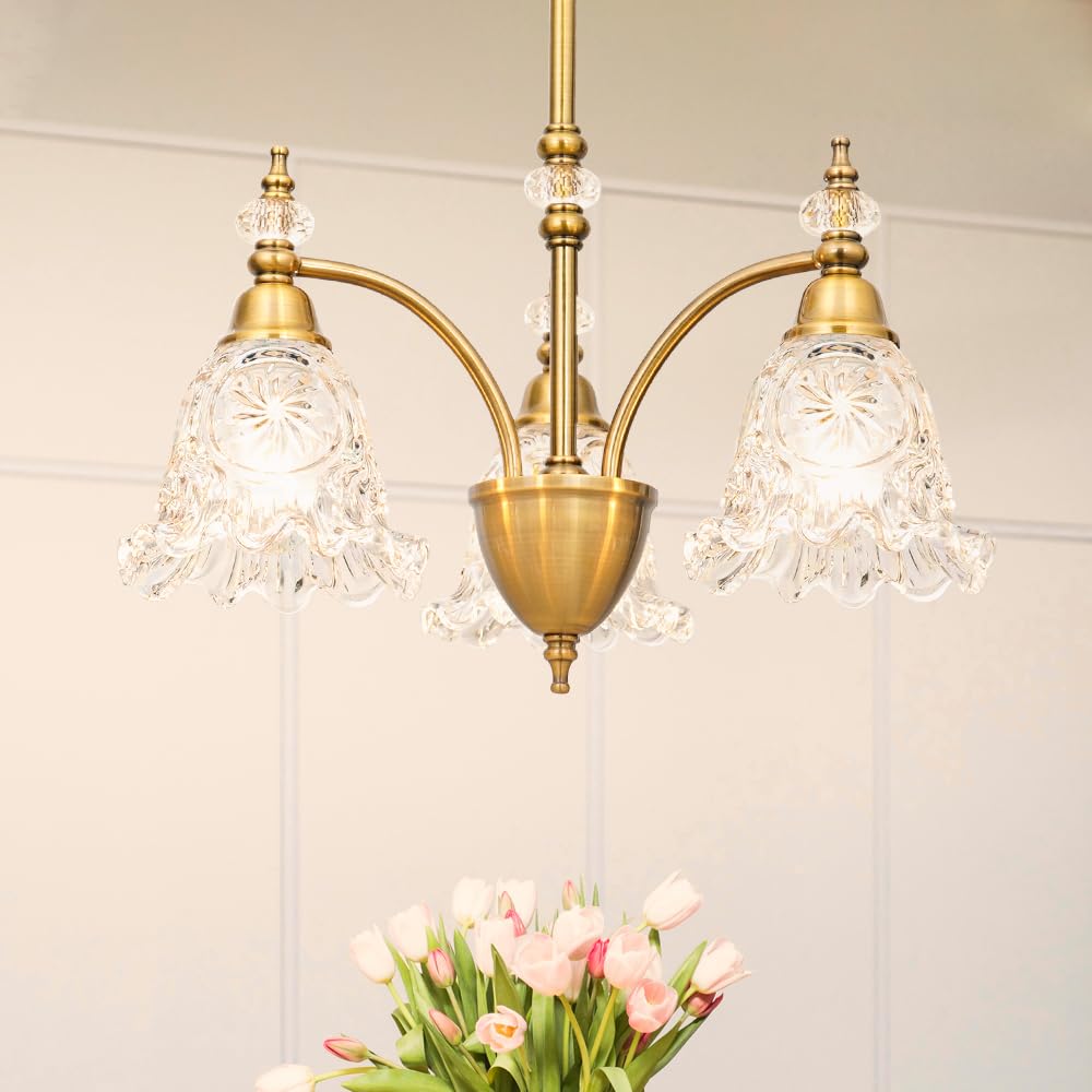 Vintage 3 Light Glass Chandelier, Brass Dining Room Light Fixtures Over Table, Farmhouse Glass Chandelier Lighting for Kitchen Table, Dinning, Foyer, Bathroom, Living Room, Bedroom