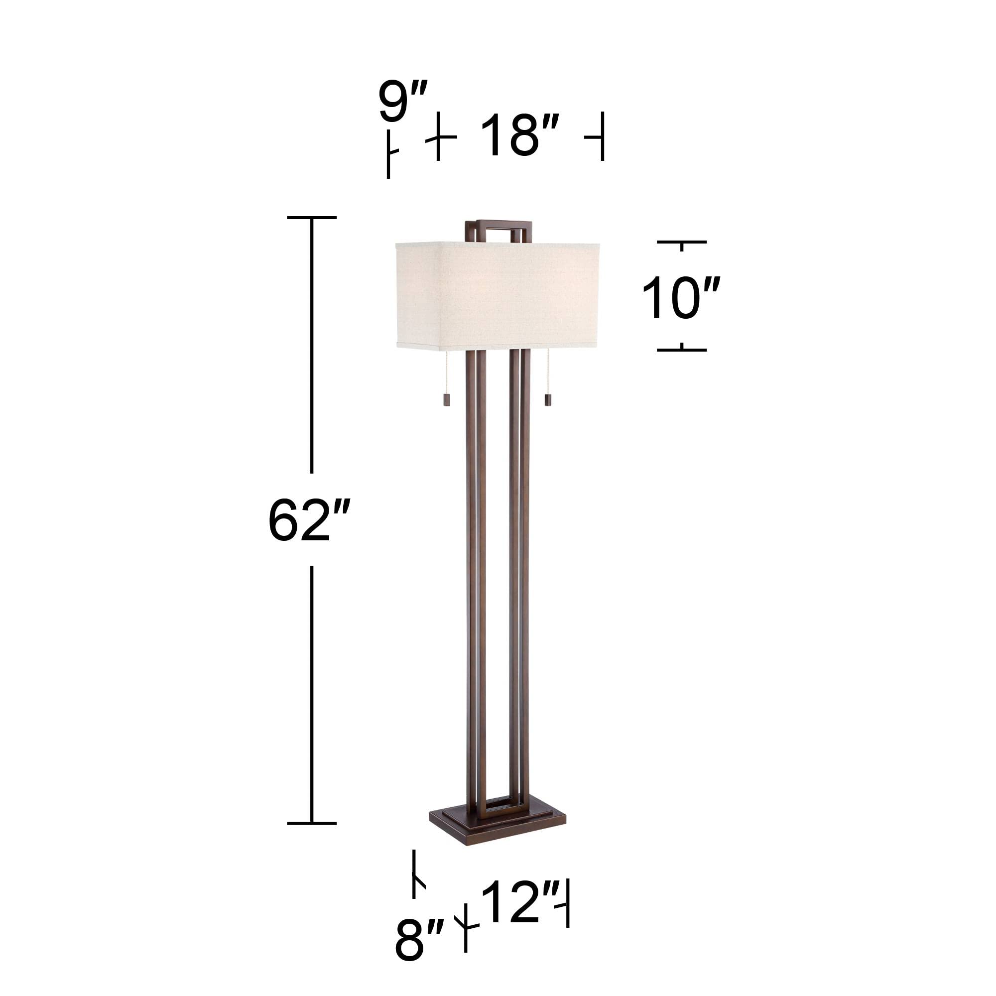 Euro Design Modern Standing Floor Lamp Double Tier 62" Tall Brushed Nickel Silver Openwork Rectangular Off White Fabric Shade Decor for Living Room Reading House Bedroom Home