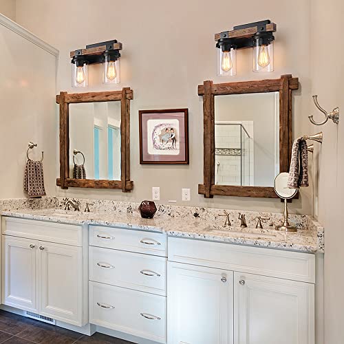 2-Light Farmhouse Vanity Lights for Bathroom, Rustic Bathroom Light Fixtures with Pretty Glass Shade, Black Industrial Wood Grain Wall Sconce for Bathroom Hallway Bedroom