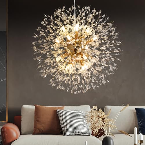 Dandelion Firework Chandelier Modern Crystal Pendant Lights Ceiling Light Fixtures Chandelier for Dining Room Living Room Kitchen Hallway - G9 Bulbs Included (12 Light Gold)