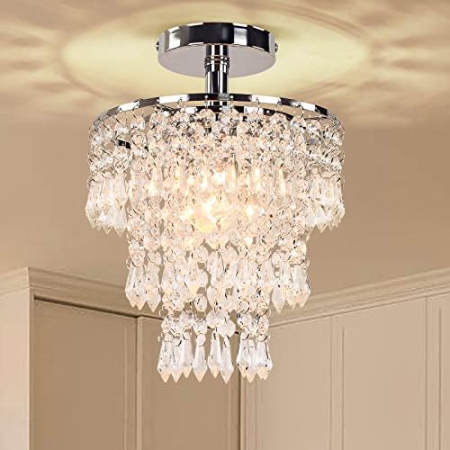 Mini Size Crystal Chandelier Modern Flush Mount Ceiling Light 3 Tiers Raindrops Crystal Pendant Lighting Fixture Decoration for Bedroom Hallway Living Room,E26 Base,Gold