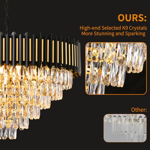 Modern Crystal Chandeliers 3 Tiers Black and Gold Chandelier Pendant Light Fixtures Round Flush Mount Chandeliers Ceiling Lighting for Living Room Dining Room Foyer Bedroom Entryway Kitchen W16in