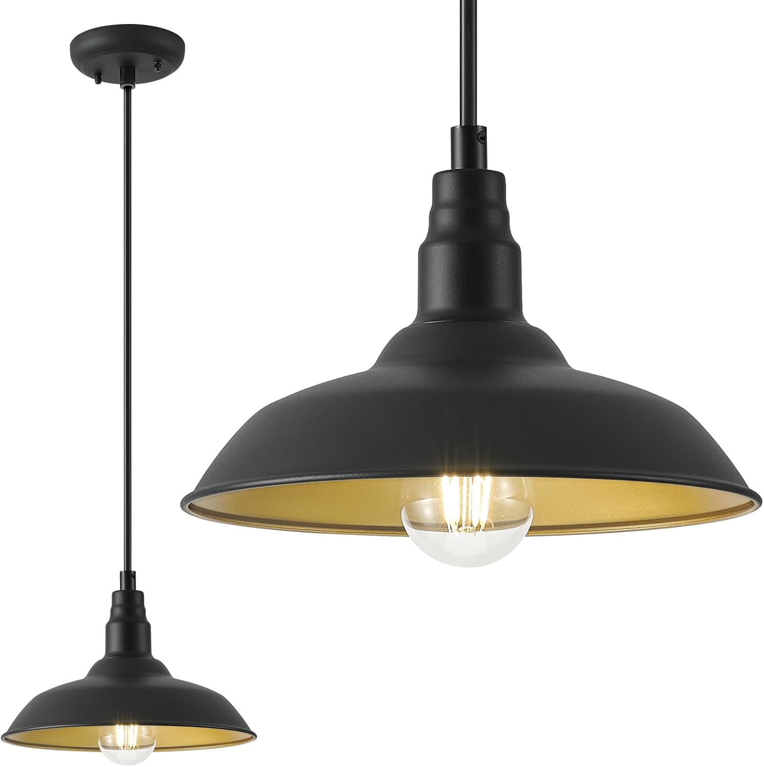 Farmhouse Pendant Light with 16 Inch Dome for Outdoor and Indoor Use, Barn Style Hanging Light for Kitchen Dining Room, Adjustable Height, Matte Black Exterior/Brass Interior