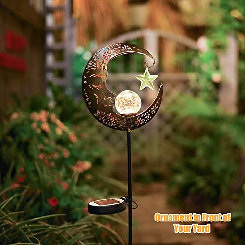 Solar Lights Outdoor Decor Moon Lantern for Patio,Lawn or Pathway Moon Decorations Crackle Glass Globe Stake Metal Lights Waterproof Warm LED Garden Gifts (Bronze)