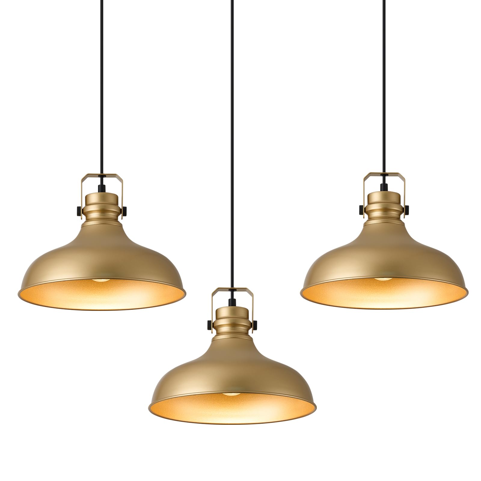 Gold Farmhouse Pendant Lights Matte Pendant Lighting for Kitchen Island Industrial Adjustable Height Vintage Dome Hanging Light Fixtures for Barn, Dining Room 3 Packs