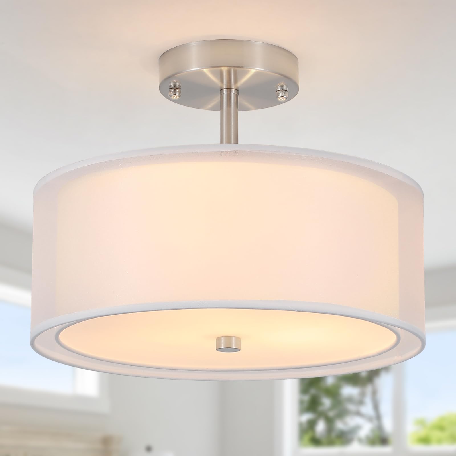 3-Light Double Fabric Drum Ceiling Light Fixture, 12.59 Inches Simple Semi Flush Mount Ceiling Lights with Double Fabric Shade, Modern Close to Ceiling Lights for Bedroom, Hallway E26 60W