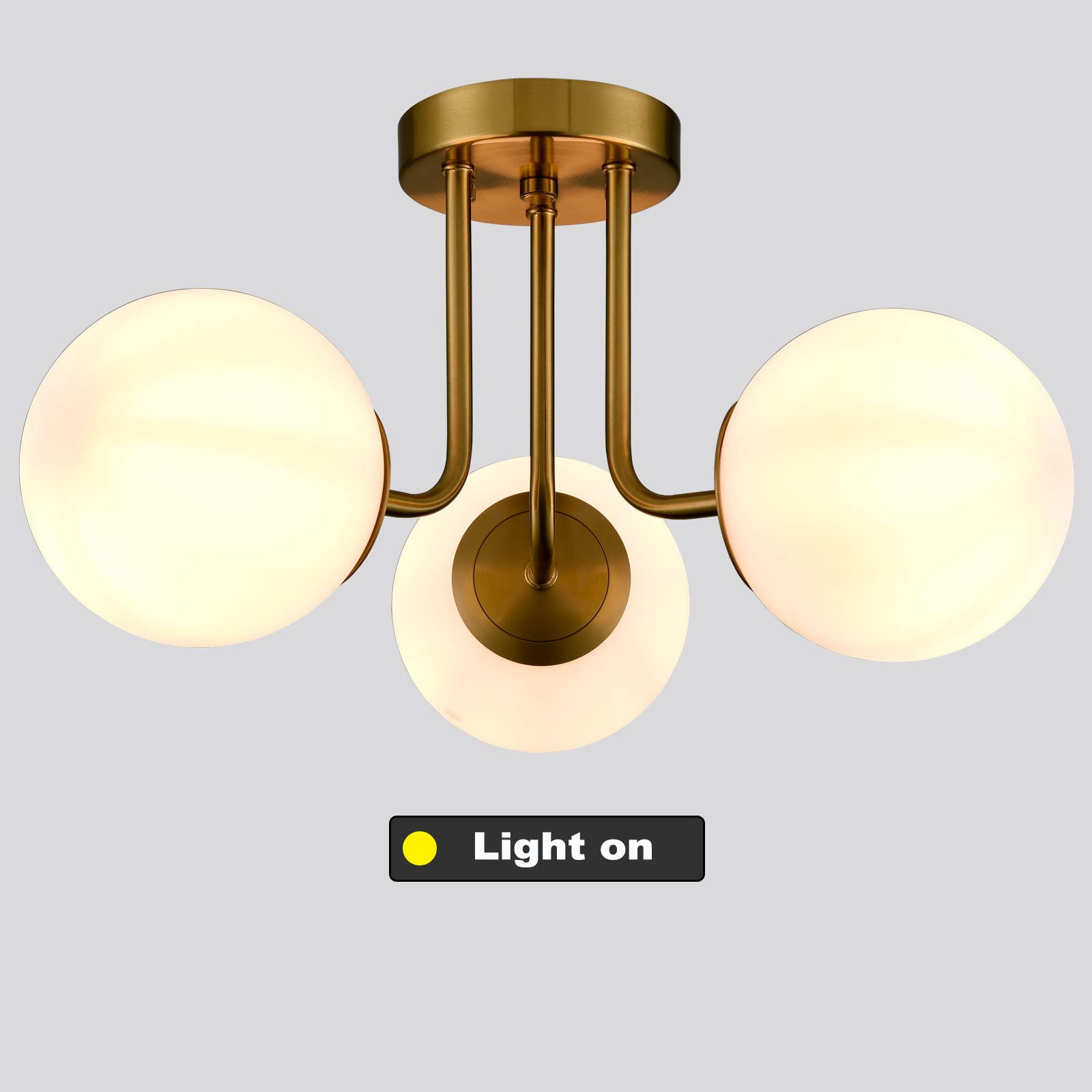 Modern Brass Gold 3-Light Ceiling Light with Globe White Glass Shade Semi Flush Mount Ceiling Light for Living Room Hallway Sputnik Chandelier Lighting Fixture