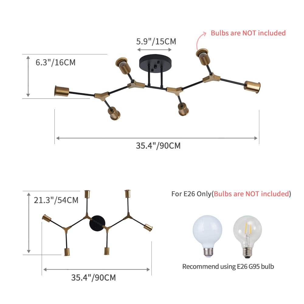 Modern Mid Centur 6 Light Semi Flush Mount Ceiling Lighting Fixture for Living Room Bedroom Dining Room Hallway Kitchen Office,Minimalist Gold and Black Sputnik Chandelier