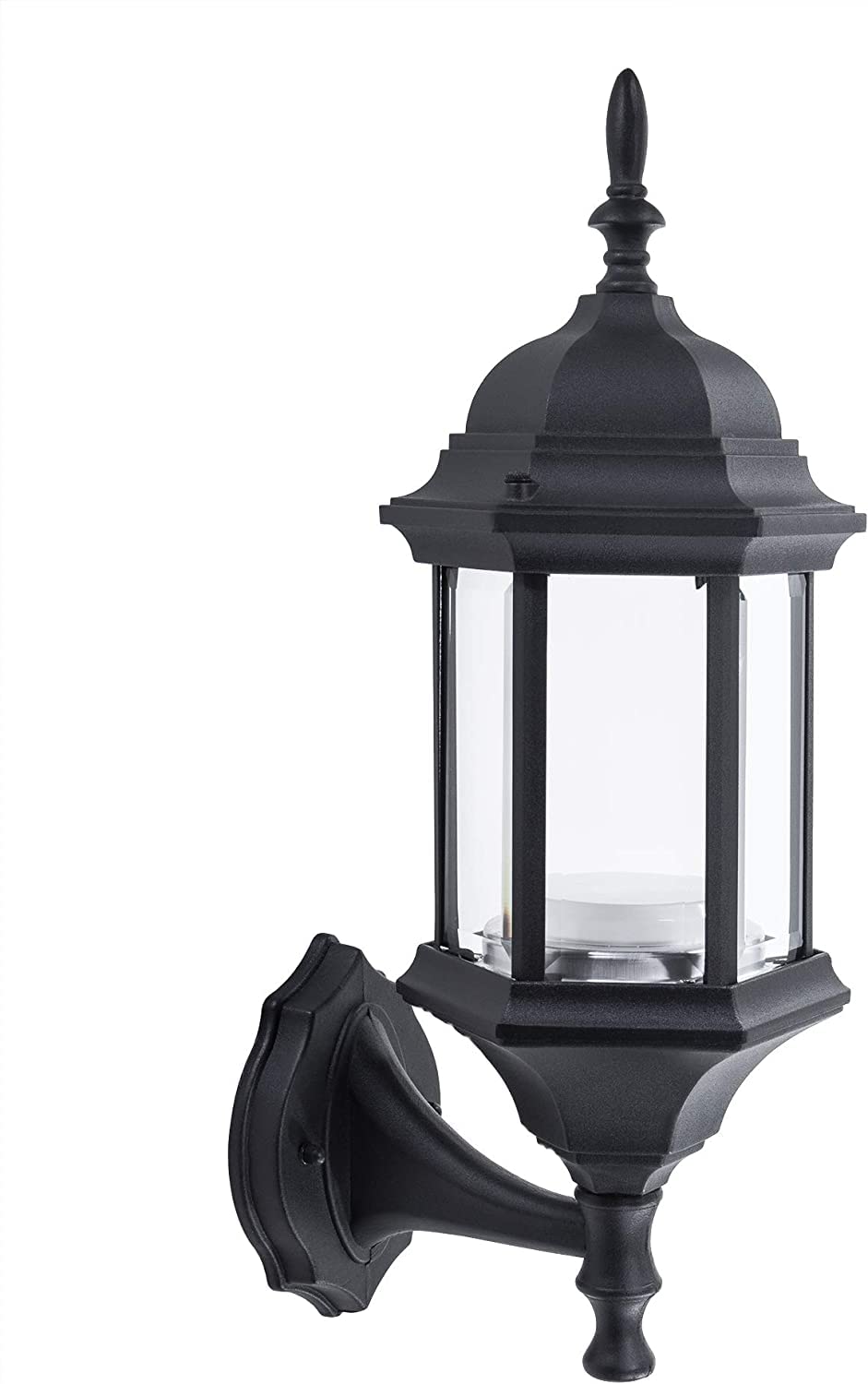 Small Straight Hex Pendant Mount LED Lantern for Porch, Patio, Deck, Damp Location, Built in LED Gives 75W of Light from 9.5W of Power, Durable Cast Aluminum with Black Finish & Clear Glass